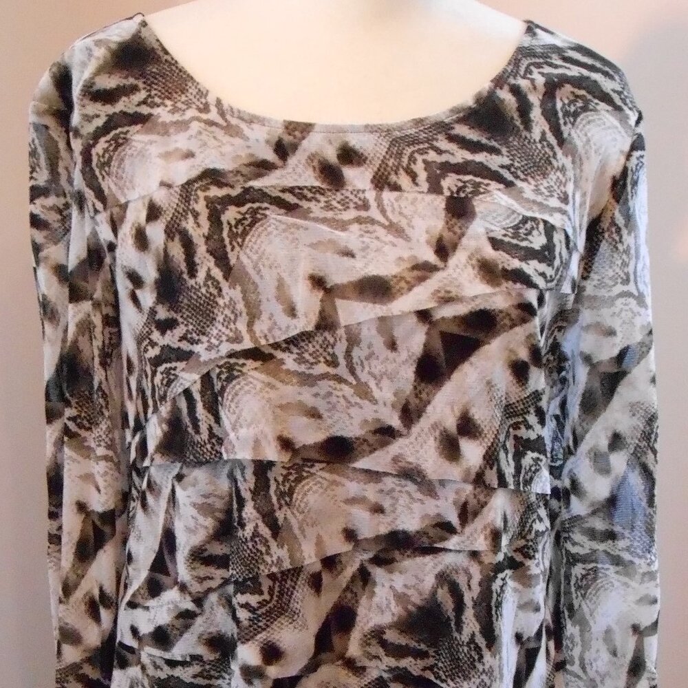 Alfani Women's Brown & Tan Ruffled 3/4 Sleeve Round Neck Pullover Top Size- XL